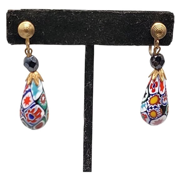 Venetian Millefiori Dangling Screwback Earrings Gold Teardrop Art Glass Vtg - Picture 1 of 9